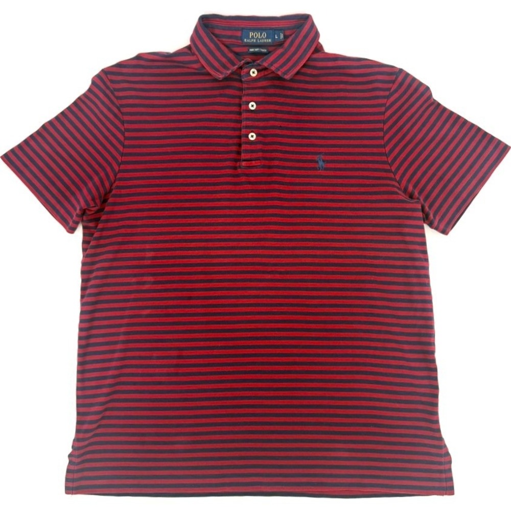 Polo Ralph Lauren Mens Large Red Navy Blue Striped Pima‎ Soft Touch Polo Shirt